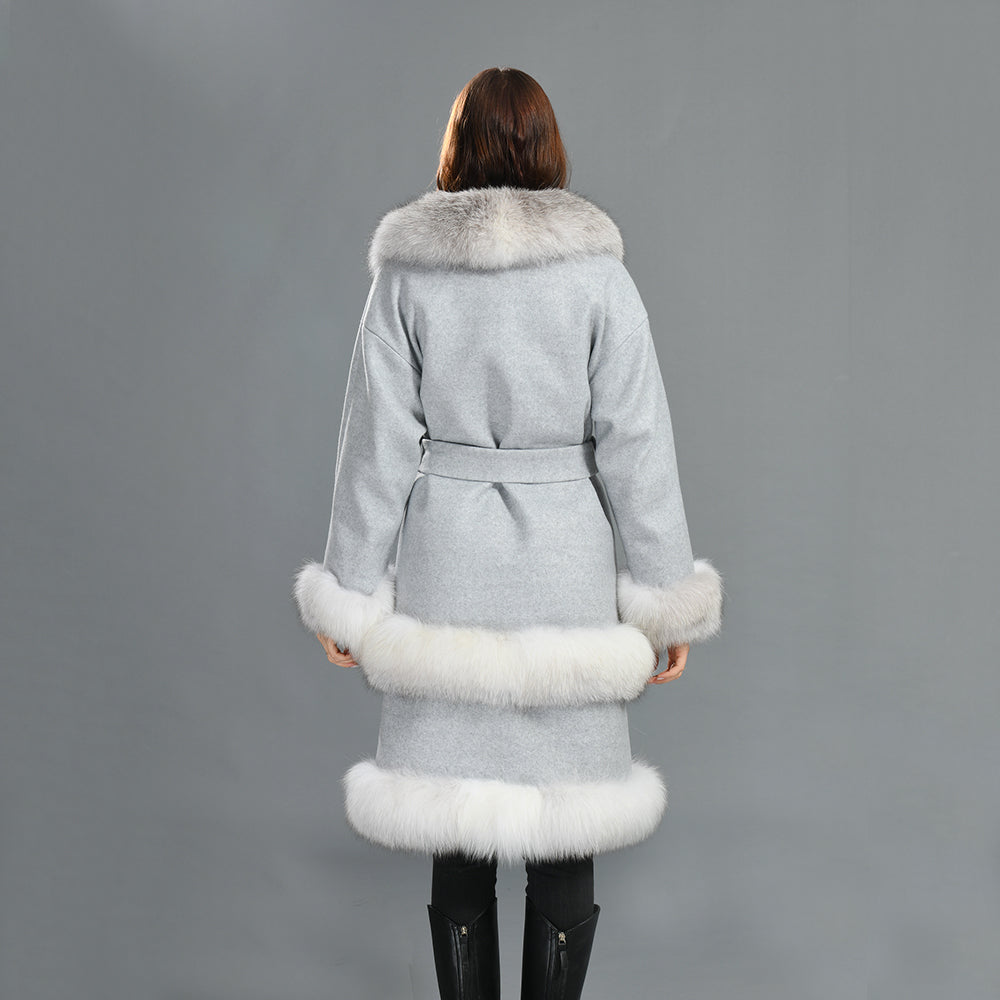 Winter Hot Sale Double-faced Wool Coat With Luxury Fox Fur Trim Belt Design Fashion Women Cashmere Long Coat Plus Size