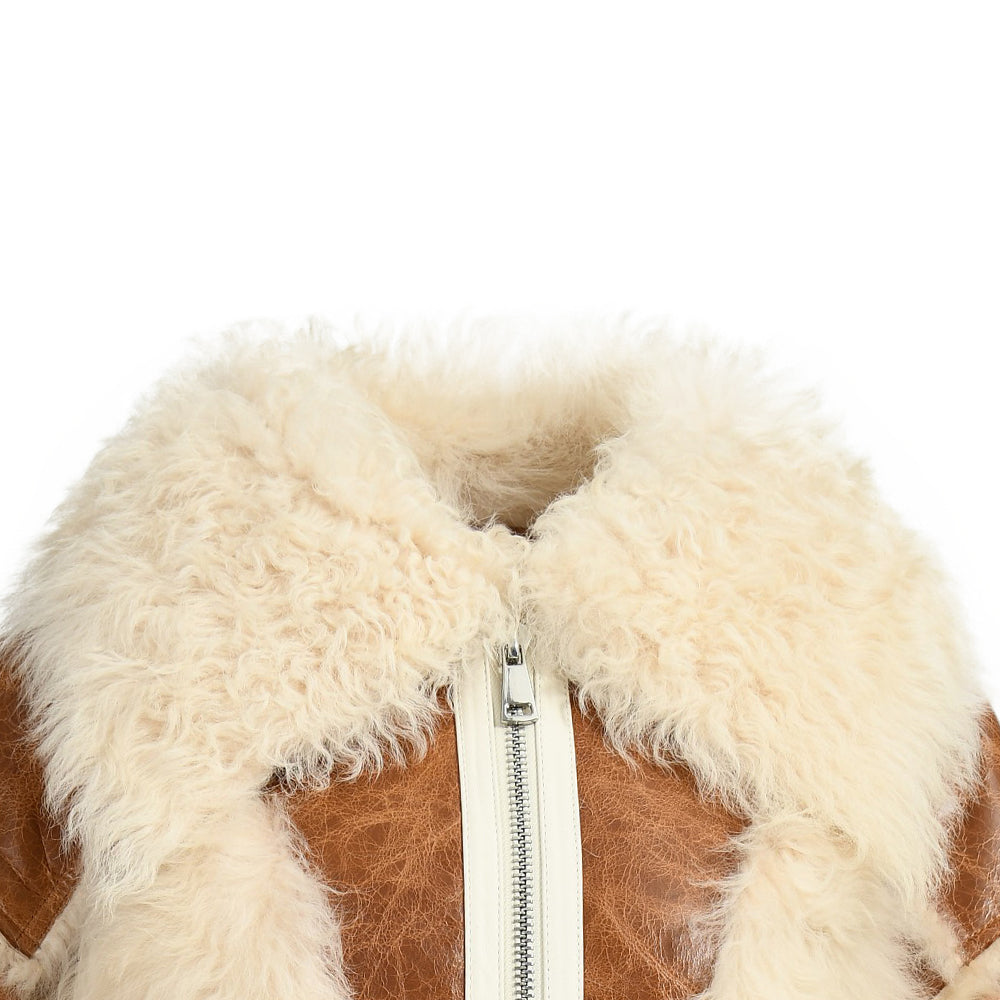 Cropped Sheepskin Leather Jacket With Real Sheep Fur Women