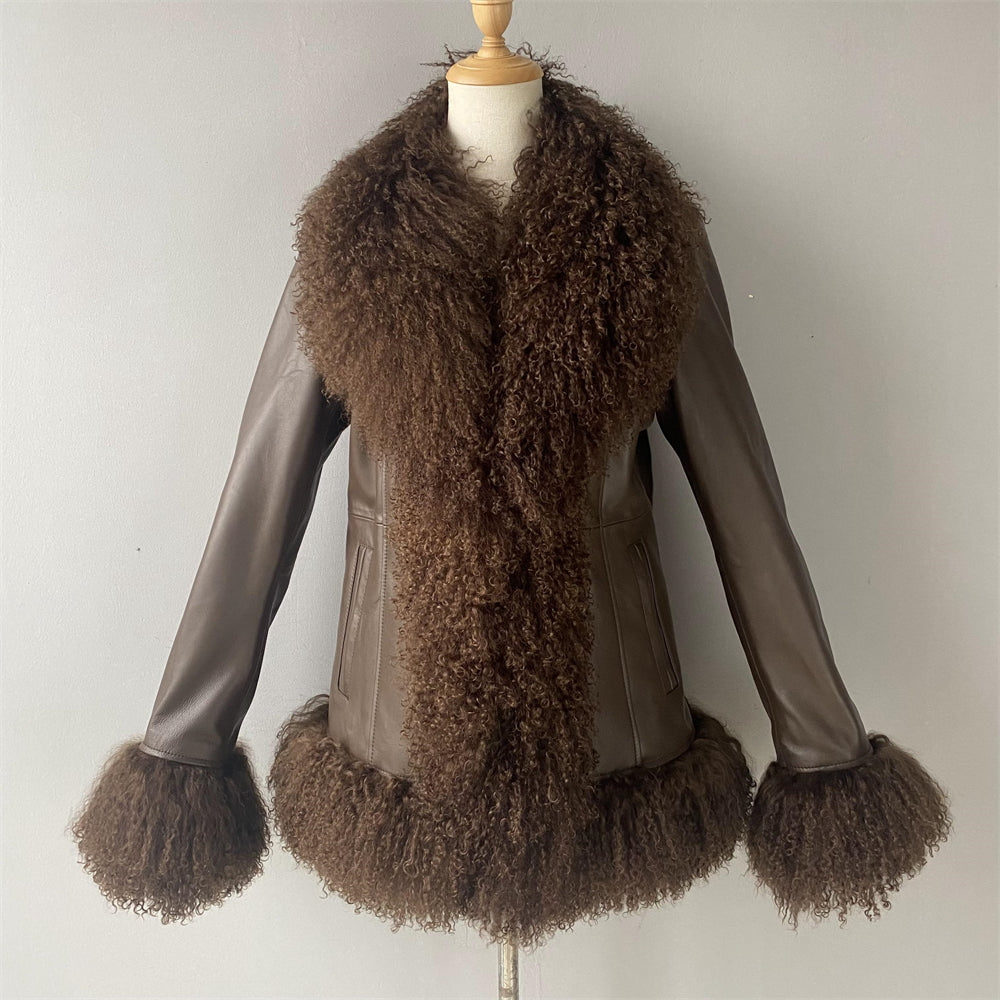 Custom Mongolian Fur Sheepskin Leather Leather Jackets For Ladies