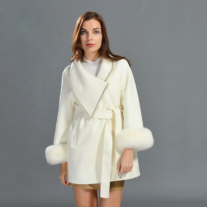 Winter New Style Turn-down V-neck Double-sided Wool Coat High Quality Women Real Fox Fur Cuff Cashmere Coatings