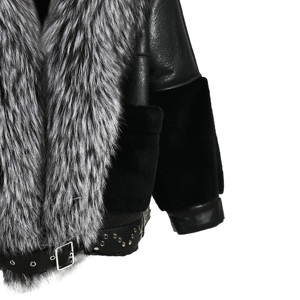 Winter Warm Thick Shearling Coat With Luxury Fox Fur Collar High Quality Genuine Leather Shearling Jacket Women Custom