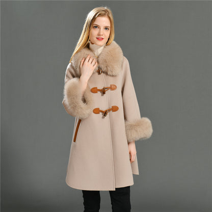 Jaxmonoy Double-faced Woolen Cashmere Coat Real Fox Fur Collar