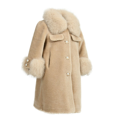 Children Long Sheep Fur Teddy Coat With Real Fox Fur Collar And Cuffs