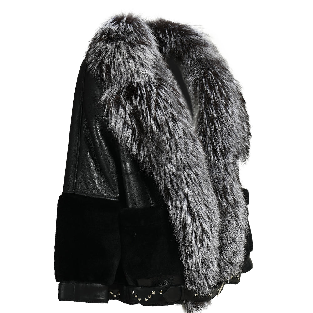 Winter Warm Thick Shearling Coat With Luxury Fox Fur Collar High Quality Genuine Leather Shearling Jacket Women Custom