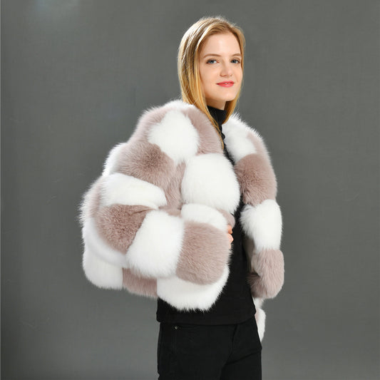 Jaxmonoy Two-color Stitching Classic Style Fashion Warm Winter Real Fox Fur Coat