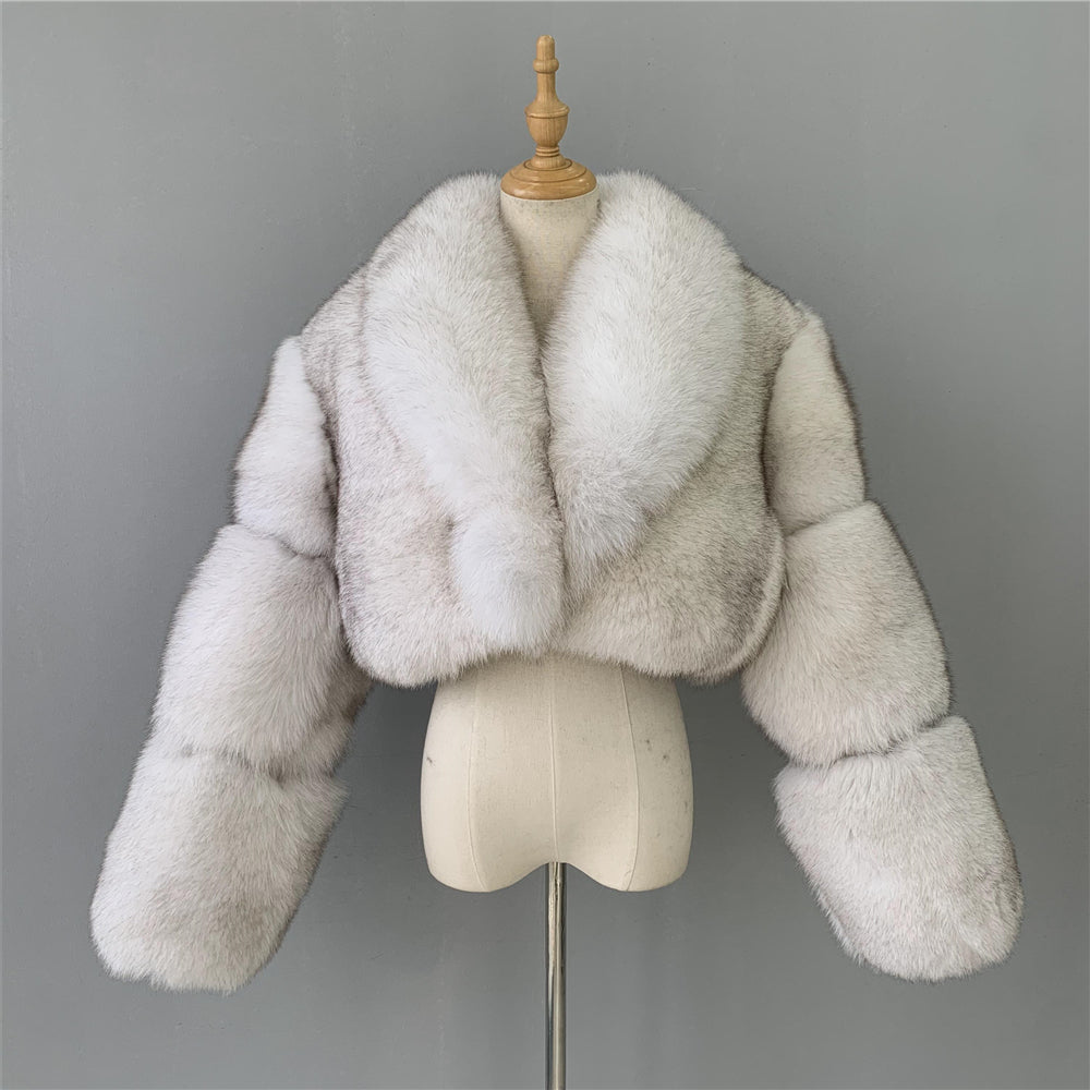 Jaxmonoy Elegant Real Fox Fur Coat With Big Fox Fur Collar