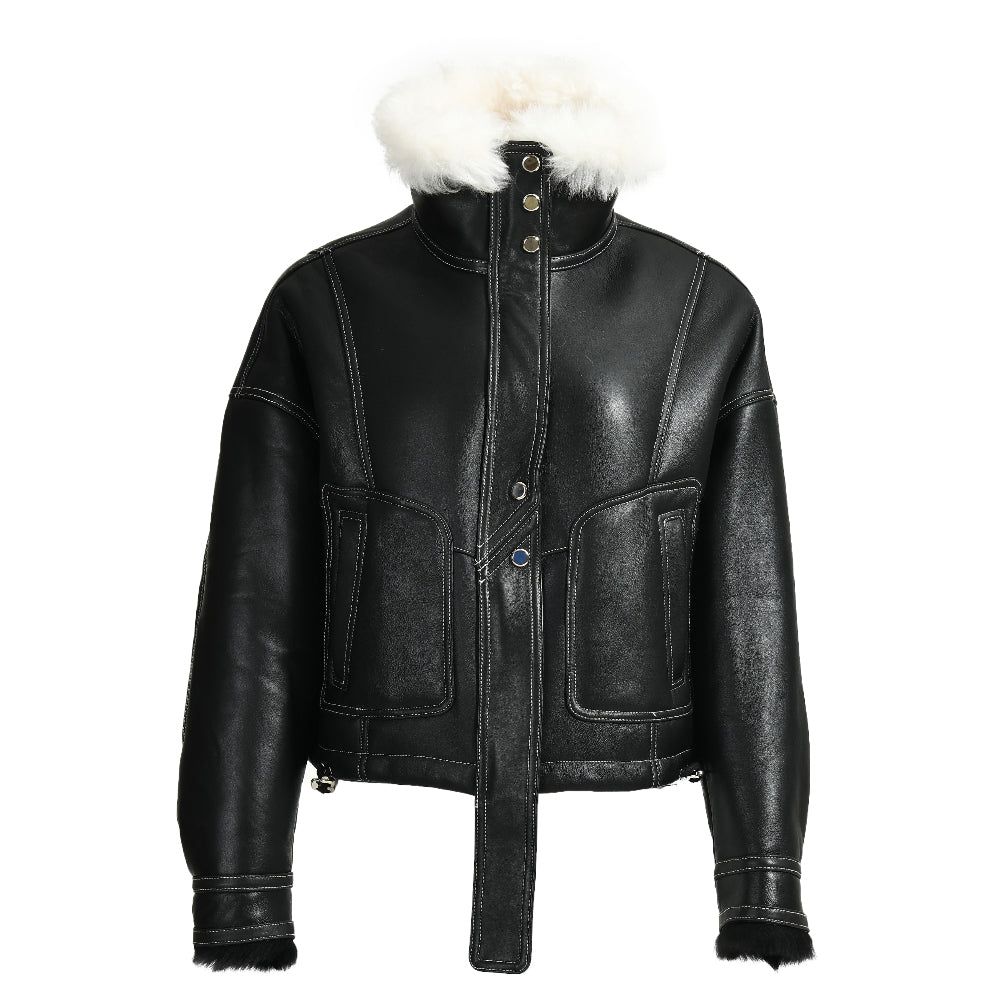 Genuine Leather Shearling Coats With Sheep Fur Collar Custom