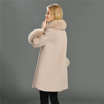 Jaxmonoy Double-faced Woolen Cashmere Coat Real Fox Fur Collar