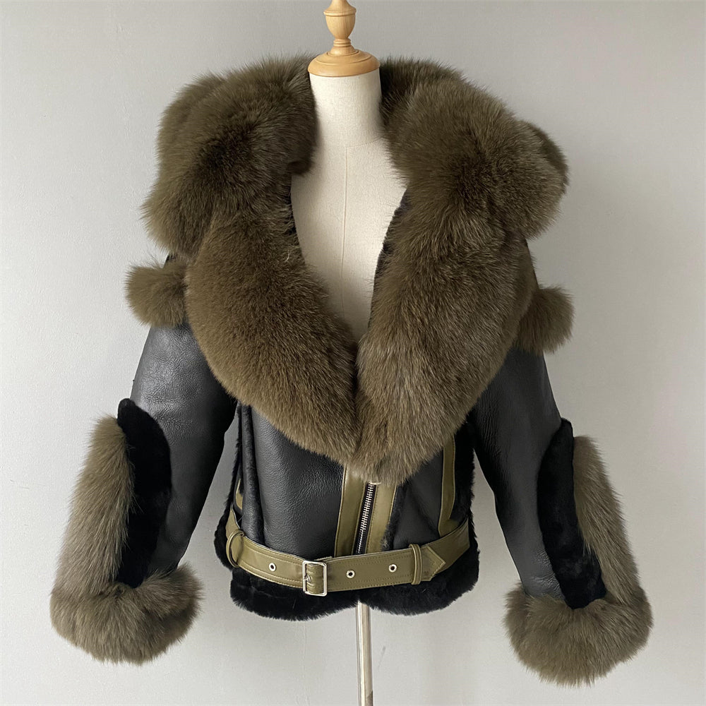 New Design Real Fox Fur Collar And Trim Genuine Leather Belt Fashion Women Leather Shearling Custom Coat