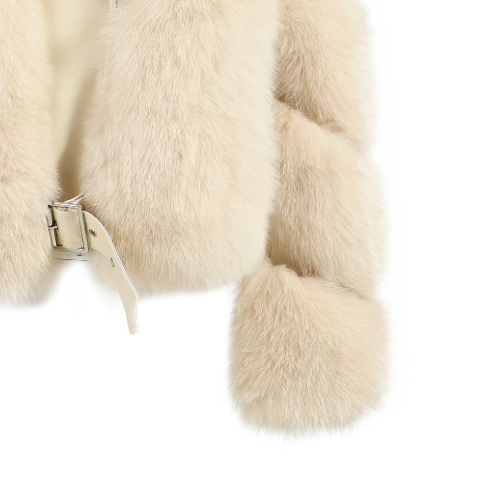 Turn-down Collar Real Fox Fur Zipper Belt Design Custom Genuine Leather Jacket Women