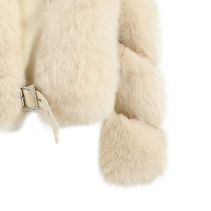 Turn-down Collar Real Fox Fur Zipper Belt Design Custom Genuine Leather Jacket Women