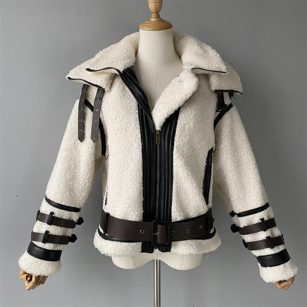 Thick Warm Genuine Sheepskin Shearling Jacket With Real Leather Belt Fashion Women Teddy Bear Shearling Sheep Coat