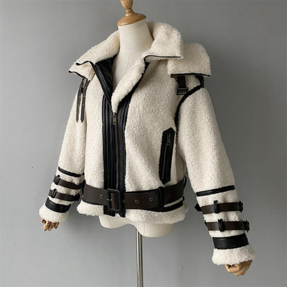 Thick Warm Genuine Sheepskin Shearling Jacket With Real Leather Belt Fashion Women Teddy Bear Shearling Sheep Coat