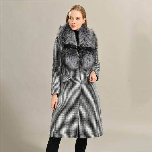 Jaxmonoy Plover Cashmere Coat With Real Fur Collar And Leather Buckle