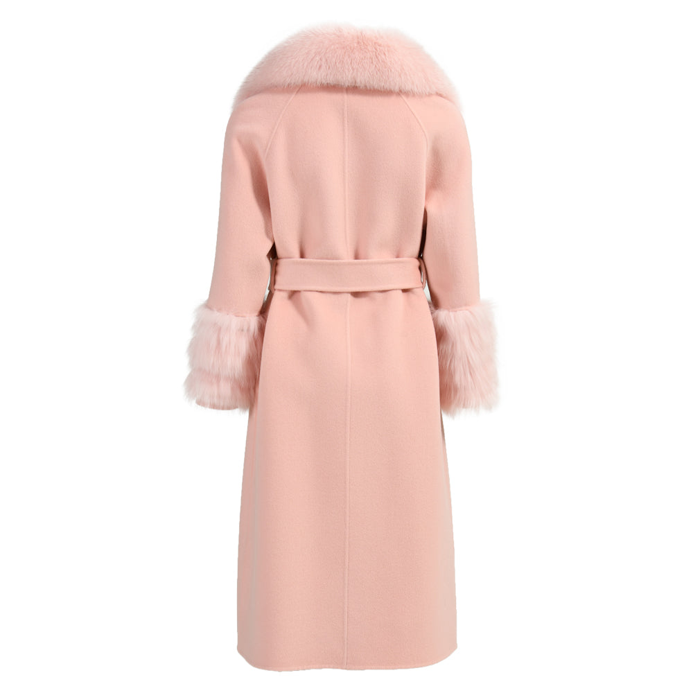 Colorful Long Cashmere Coat With Real Fox Fur Winter Fashion Trench Coat