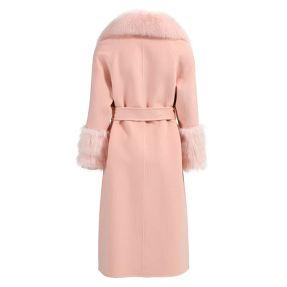 Colorful Long Cashmere Coat With Real Fox Fur Winter Fashion Trench Coat