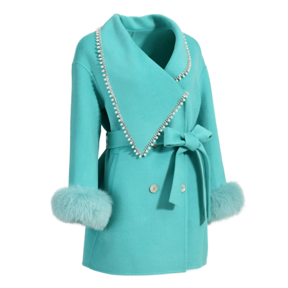 Winter New Style Turn-down V-neck Double-sided Wool Coat High Quality Women Real Fox Fur Cuff Cashmere Coatings