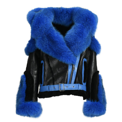 New Design Real Fox Fur Collar And Trim Genuine Leather Belt Fashion Women Leather Shearling Custom Coat