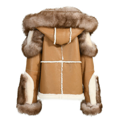 New Design Real Fox Fur Collar And Trim Genuine Leather Belt Fashion Women Leather Shearling Custom Coat