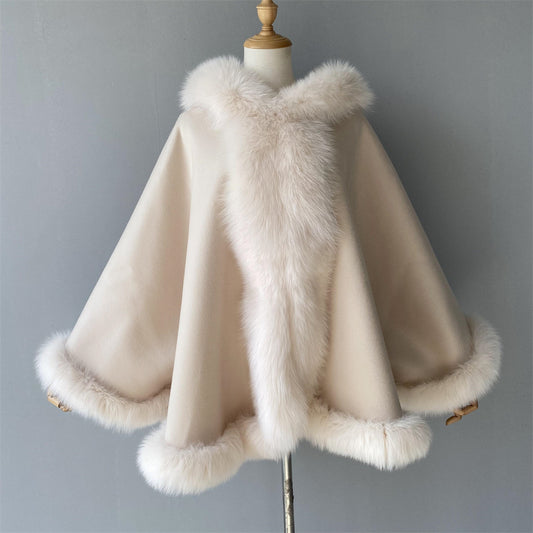 Hooded Cashmere Poncho Cape With Real Fox Fur Trim Women Poncho