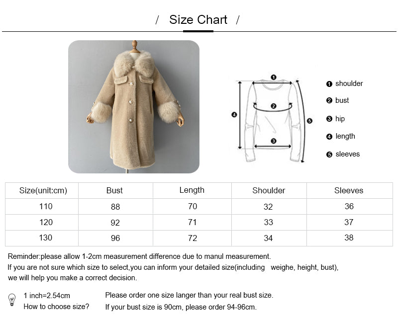 Children Long Sheep Fur Teddy Coat With Real Fox Fur Collar And Cuffs