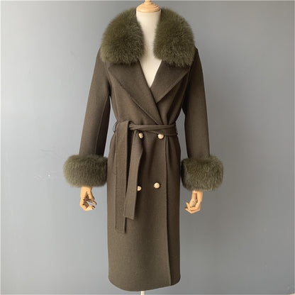 Jaxmonoy Slim Ladies Cashmere Coat Long Overcoat Real Fox Fur With Double-breasted