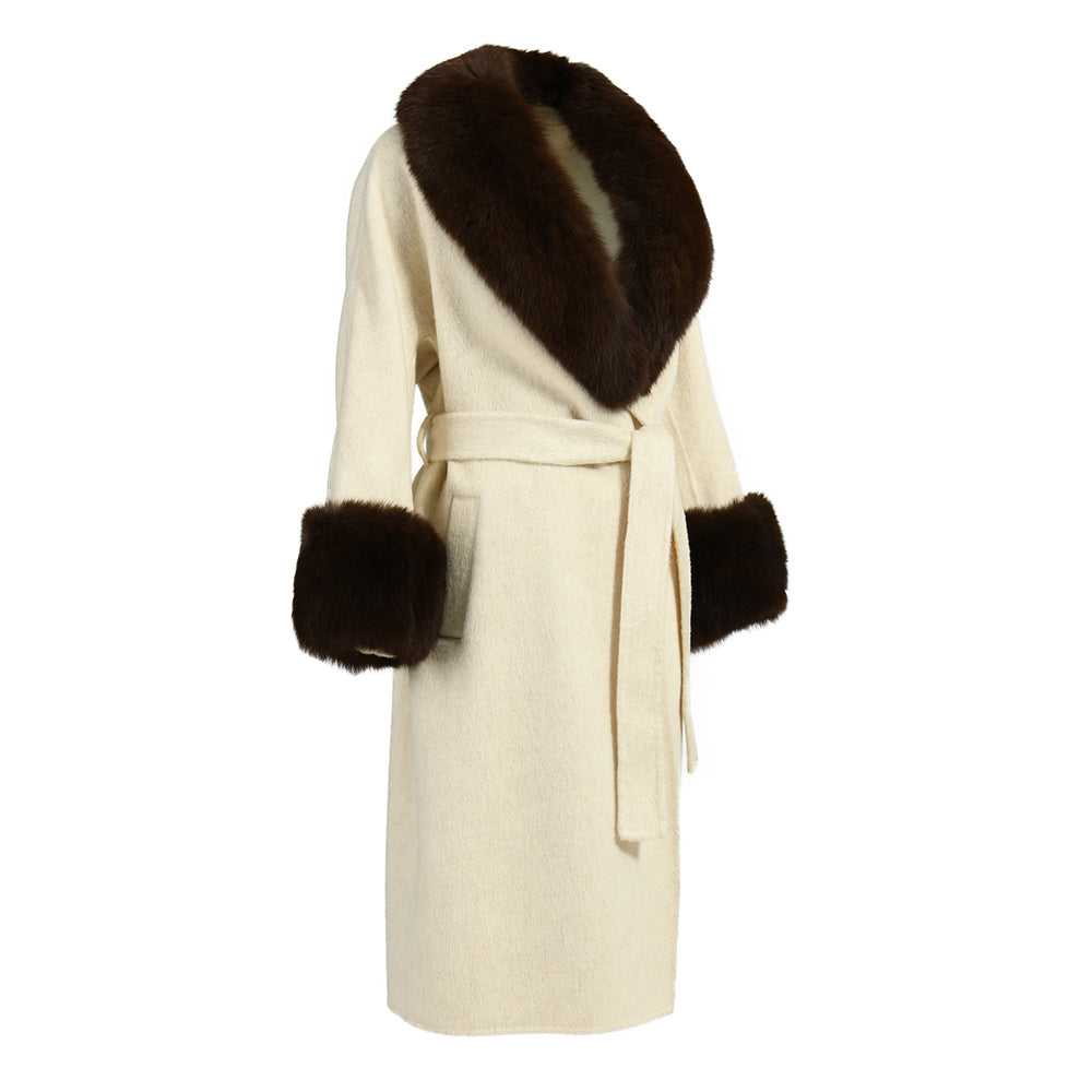 Winter Wholesale Custom High Quality Belt Design Cashmere Coat With Real Fox Fur Women Double-sided Wool Long Coat