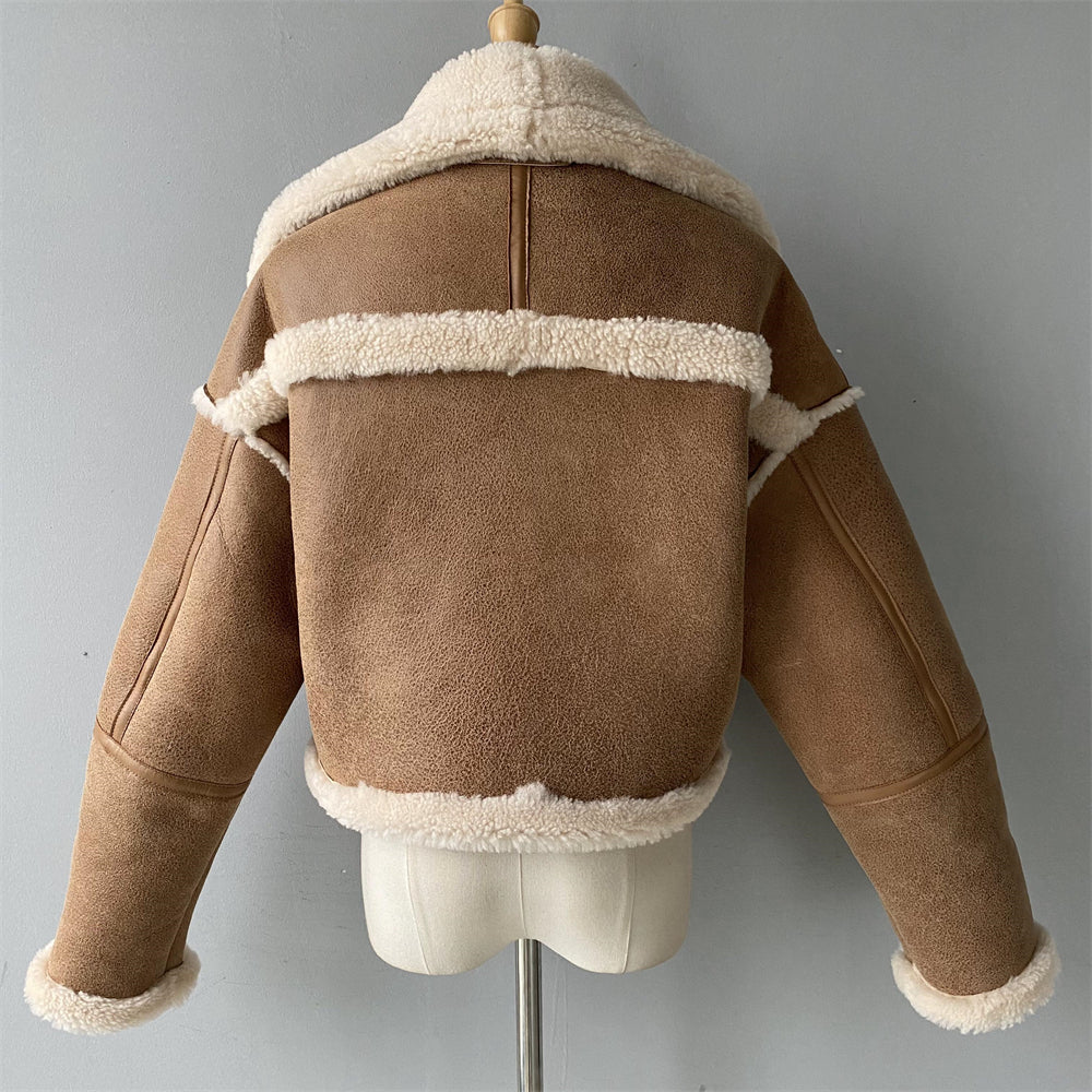 Turn-down Collar Genuine Shearling Jacket With Sheep Fur Popular Winter Real Shearling Sheepskin Coat Women