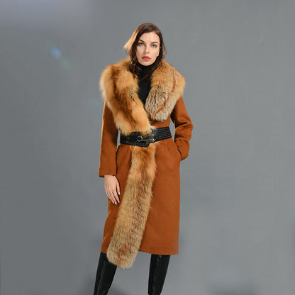 High Quality Belt Design Wool Coat With Real Big Fluffy Fox Fur Collar