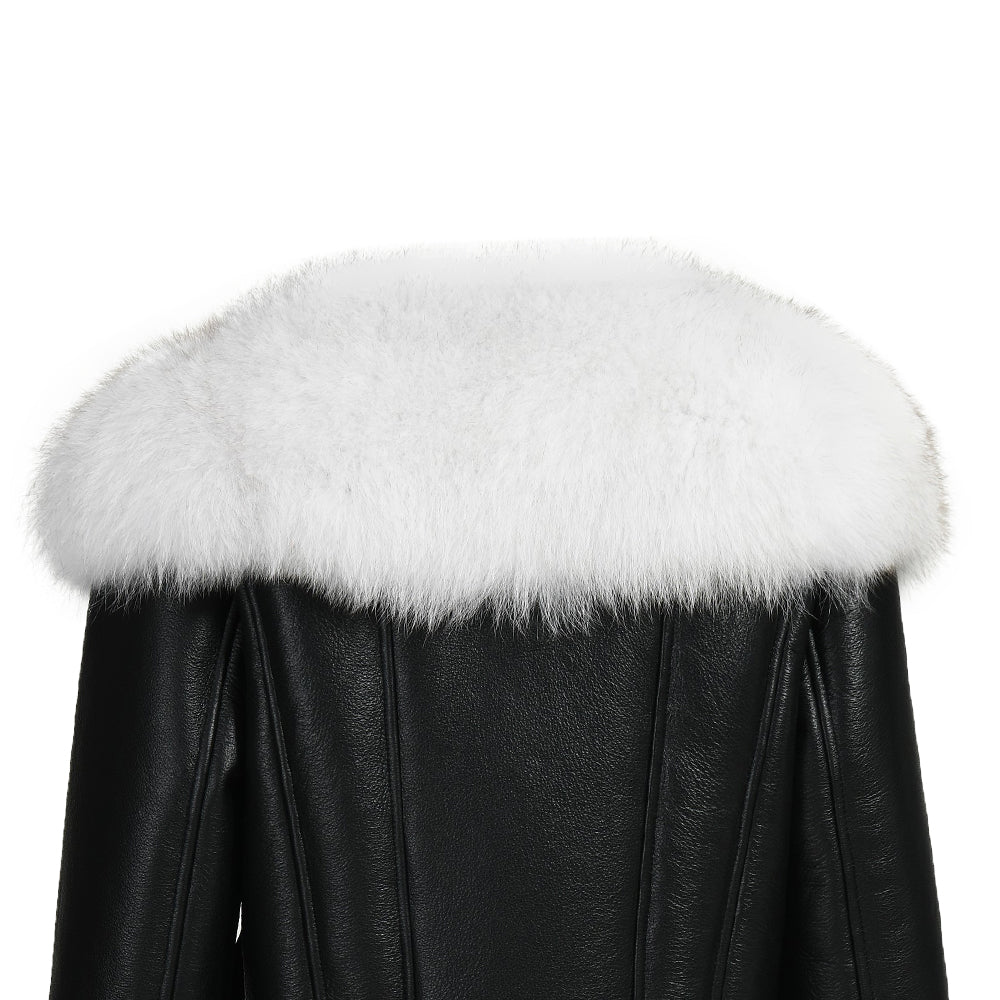 Luxury Fluffy Fox Fur Collar Regular Length Genuine Leather Shearling Jacket Women Custom