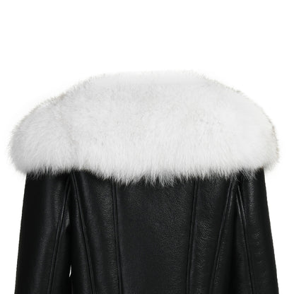 Luxury Fluffy Fox Fur Collar Regular Length Genuine Leather Shearling Jacket Women Custom