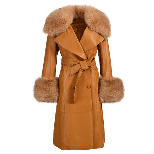 Winter Thick Warm Leather Trench Coat With Real Fox Fur Collar And Cuffs Fashion Long Genuine Leather Coat For Women