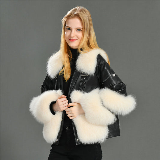 Streetwear Love Heart Shape Fox Fur Design Best Fashion Black Leather Jacket Womens