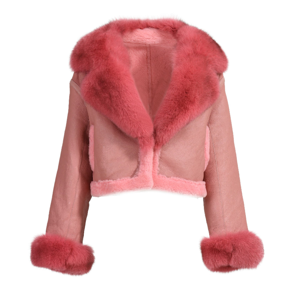 Women Genuine Cropped Sheepskin Leather Jacket With Real Fox Fur