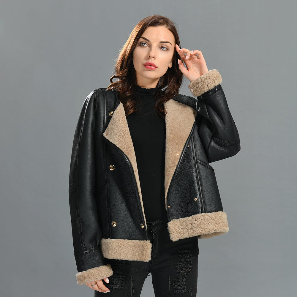 Winter Warm Crew Neck Leather Jacket With Lamb Fur  High Quality Sheepskin