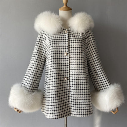 Regular Length Hooded Plaid Cashmere Coat With Real Fox Fur