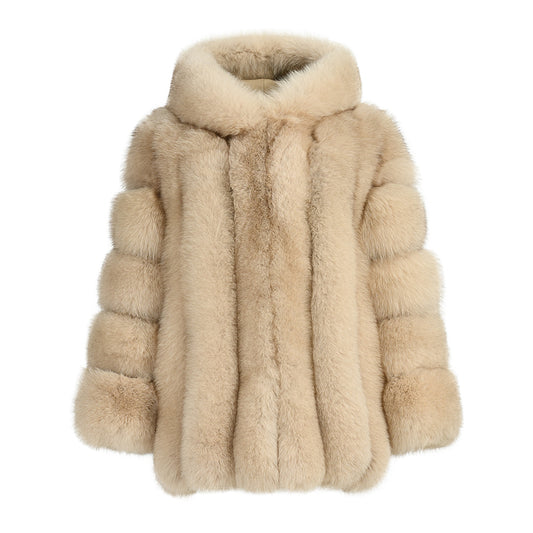 Fashion Ladies Long Sleeves Fluffy Real Fox Fur Coat With Fur Hood