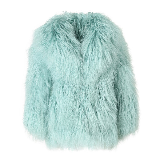 Ladies Mint Color Real Fluffy Mongolian Fur Coat