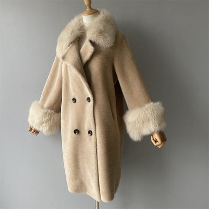 Warm Custom Long Sheep Teddy Coat With Real Fox Fur Collar And Cuffs Winter Women Warm Teddy Bear Coat