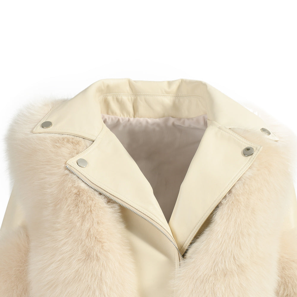 Turn-down Collar Real Fox Fur Zipper Belt Design Custom Genuine Leather Jacket Women