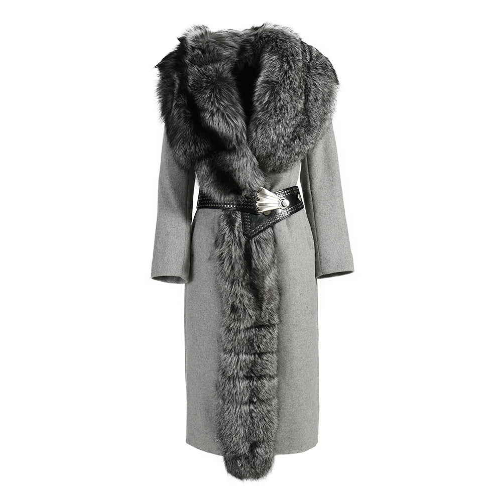 High Quality Belt Design Wool Coat With Real Big Fluffy Fox Fur Collar