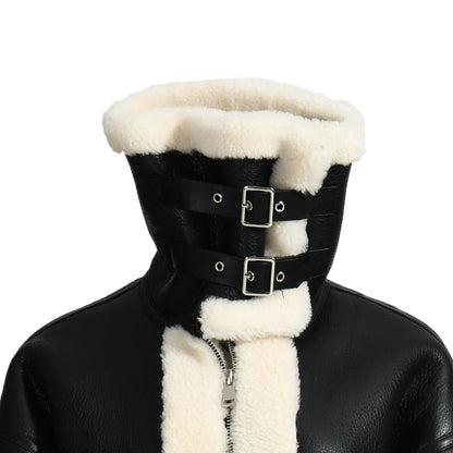 Zipper And Belt Design Genuine Shearling Jacket With Lamb Fur Wholesale Winter Women Shearling Coat