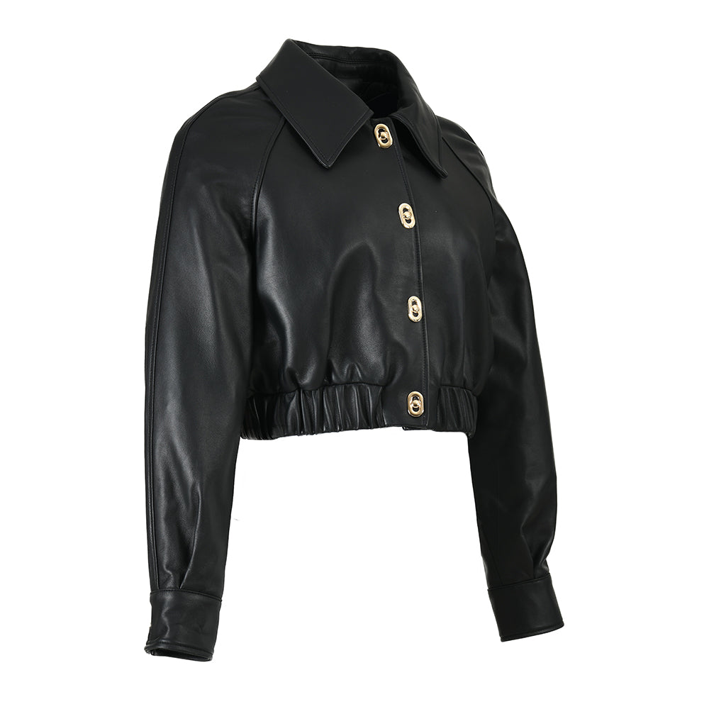 Cropped Turn-down Collar Real Sheepskin Leather Jacket For Women