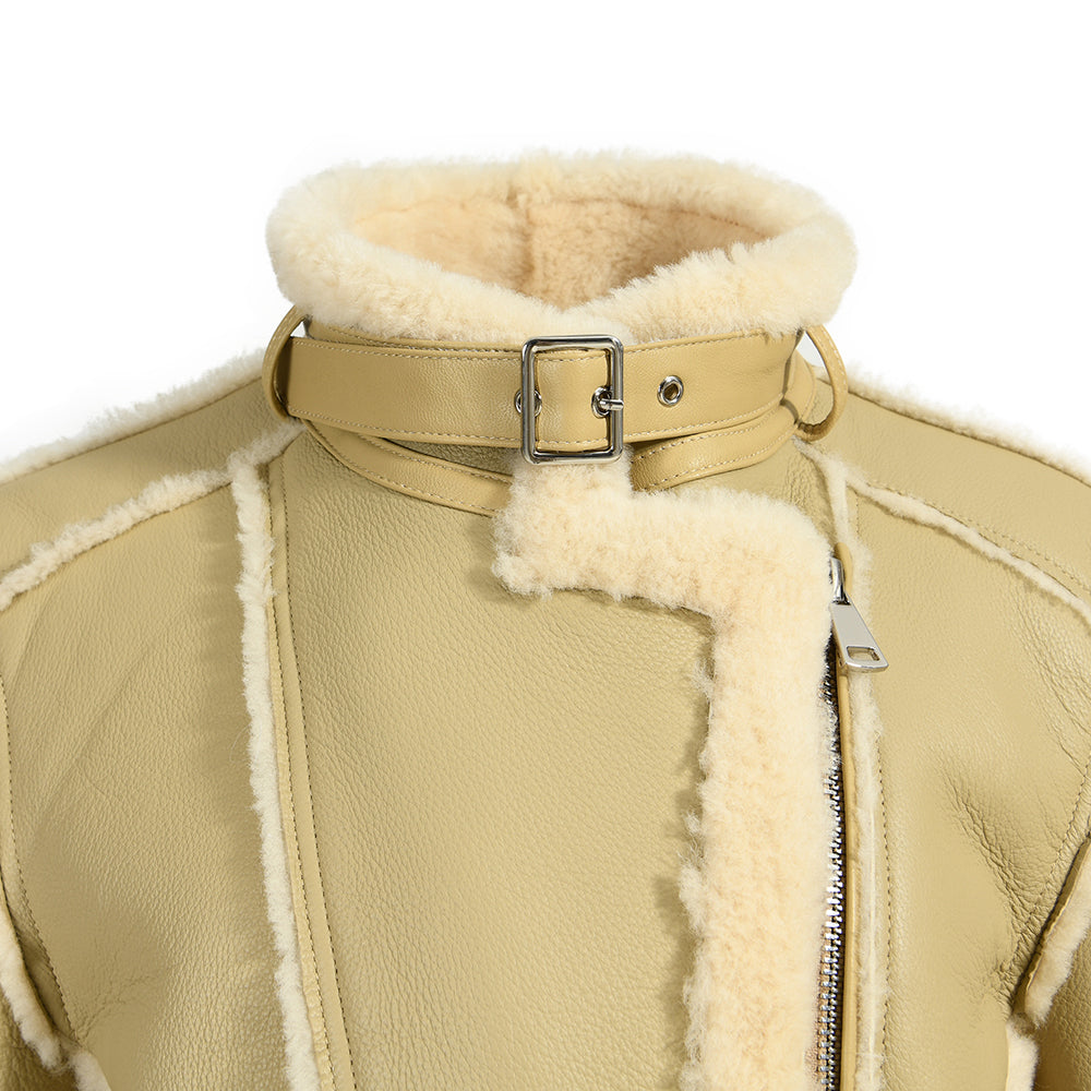 Turn-down Collar Belt Design Genuine Shearling Jacket With Sheep Fur Lining Winter Women Real Shearling Jacket