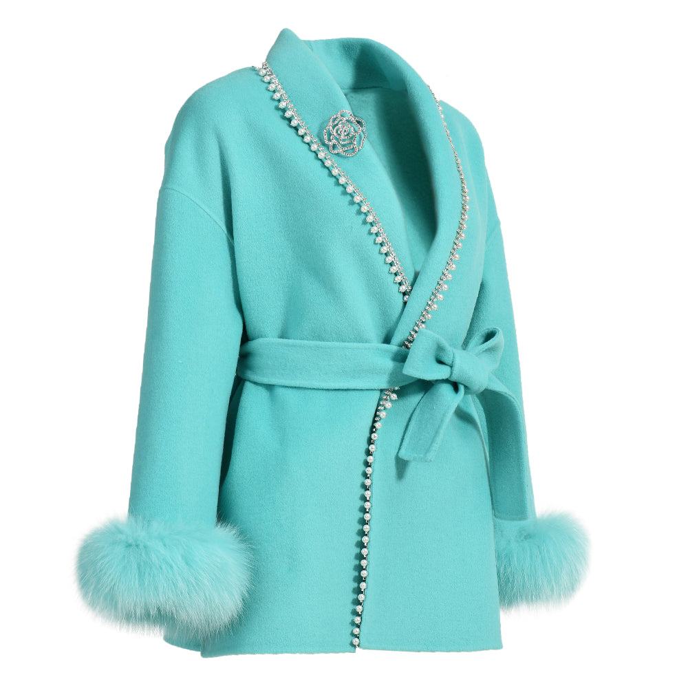 Cashmere Coat With Real Fox Fur Cuffs Winter Double Long Wool Coat