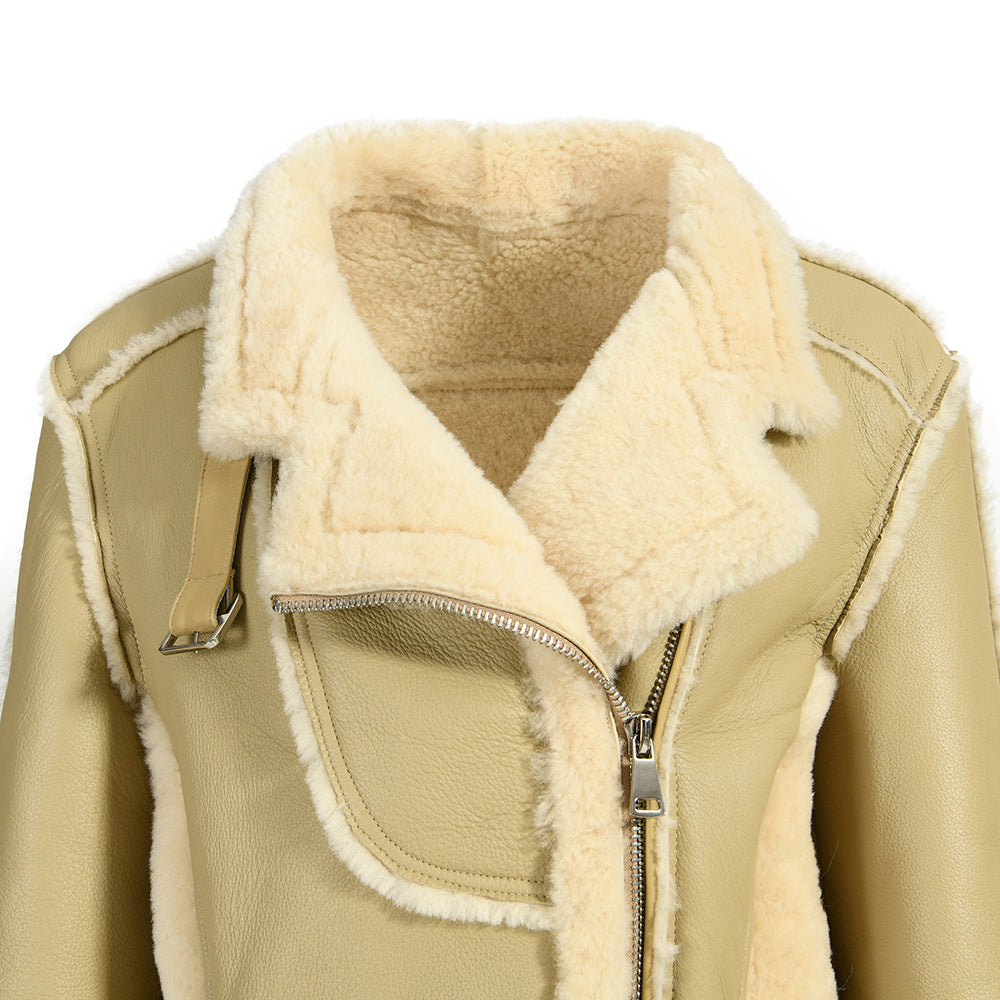 Turn-down Collar Belt Design Genuine Shearling Jacket With Sheep Fur Lining Winter Women Real Shearling Jacket