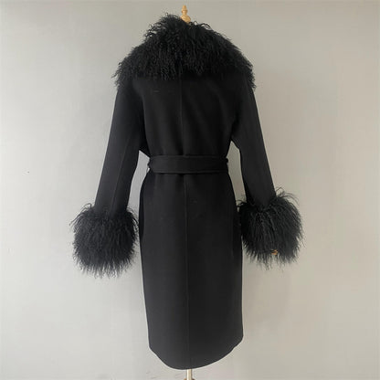 Winter Custom Long Wool Coat With Real Mongolian Fur Collar And Cuffs