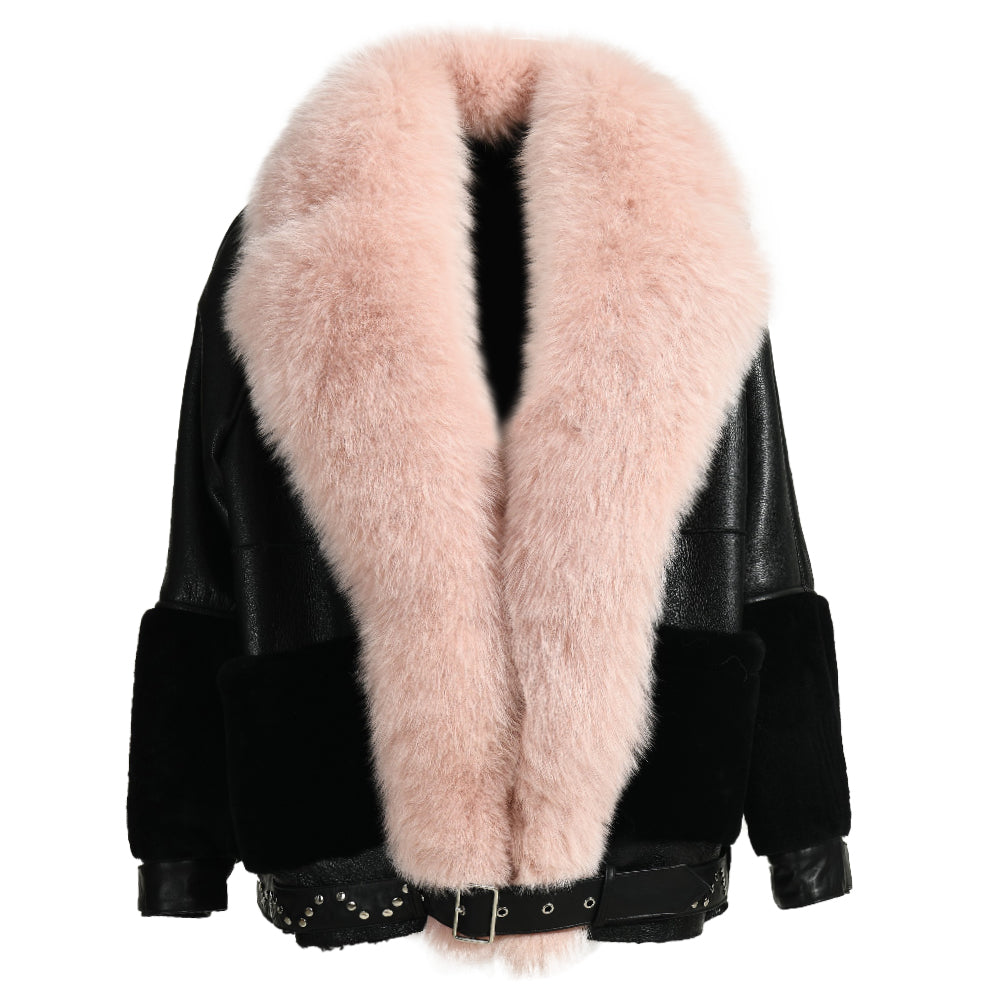 Winter Warm Thick Shearling Coat With Luxury Fox Fur Collar High Quality Genuine Leather Shearling Jacket Women Custom