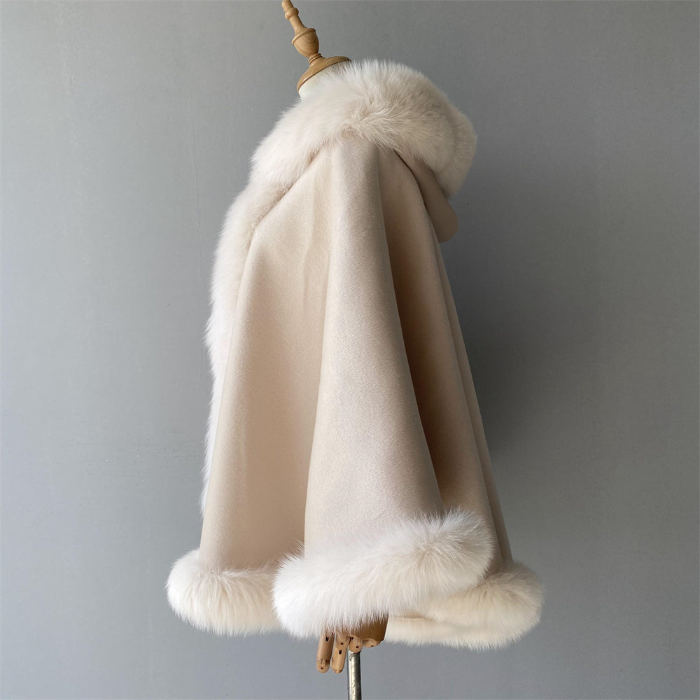 Hooded Cashmere Poncho Cape With Real Fox Fur Trim Women Poncho