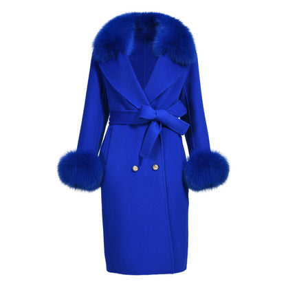 Jaxmonoy Slim Ladies Cashmere Coat Long Overcoat Real Fox Fur With Double-breasted